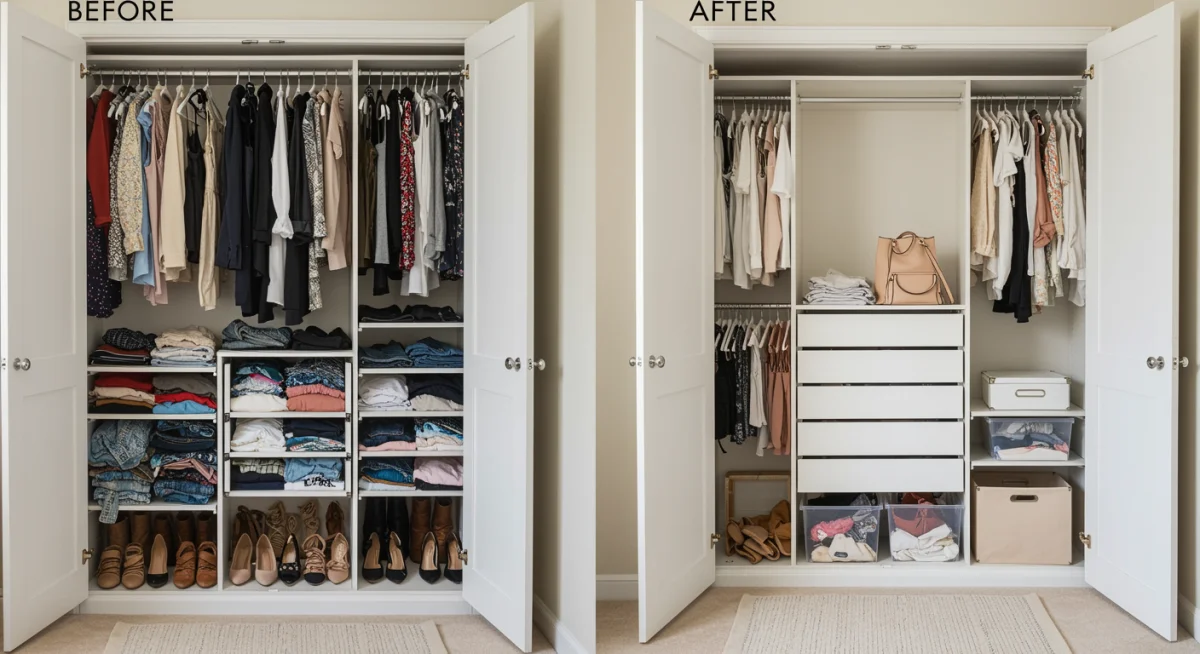 Before and after comparison of a cluttered versus organized wardrobe.