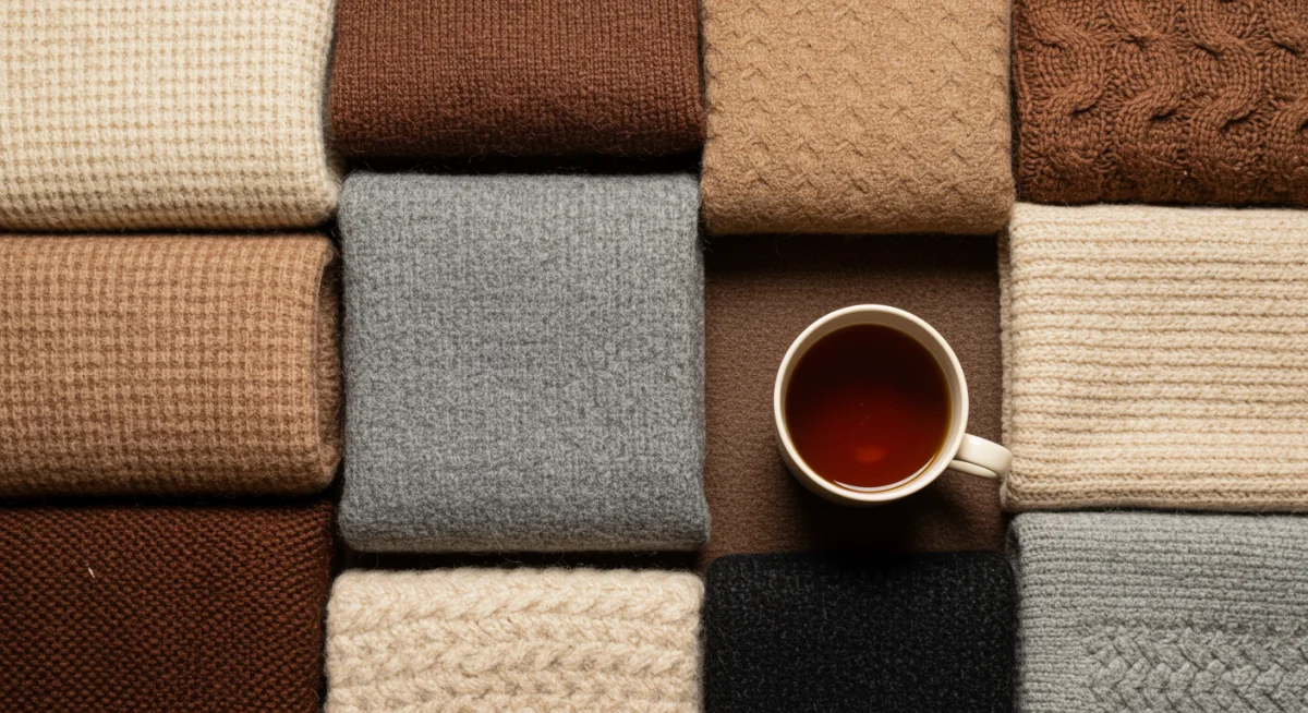 Assortment of warm, insulating winter fabrics including wool and cashmere